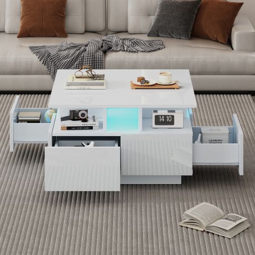 Table Basse Carrée Blanche Brillante Avec Éclairage LED, 4 Tiroirs, Compartiments Ouverts