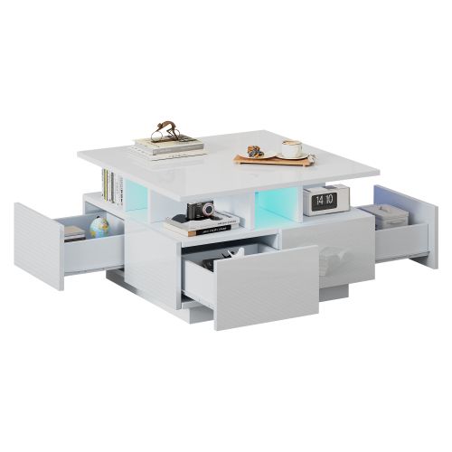 Table Basse Carrée Blanche Brillante Avec Éclairage LED, 4 Tiroirs, Compartiments Ouverts
