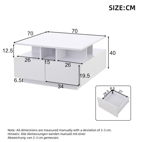 Table Basse Carrée Blanche Brillante Avec Éclairage LED, 4 Tiroirs, Compartiments Ouverts