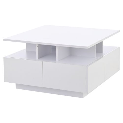 Table Basse Carrée Blanche Brillante Avec Éclairage LED, 4 Tiroirs, Compartiments Ouverts