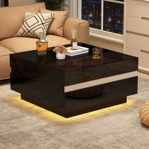 Table Basse Carrée Noire Brillante Avec LED, 2 Tiroirs