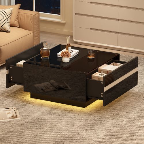 Table Basse Carrée Noire Brillante Avec LED, 2 Tiroirs