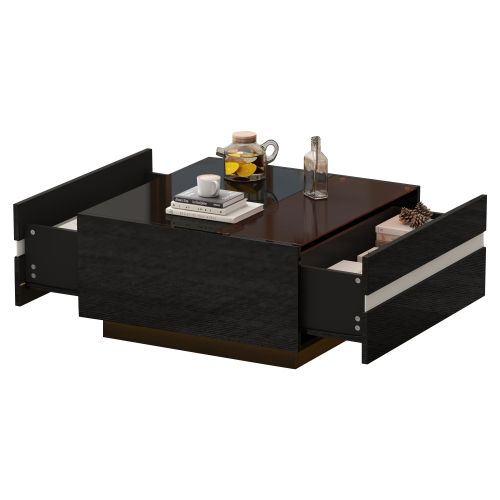 Table Basse Carrée Noire Brillante Avec LED, 2 Tiroirs