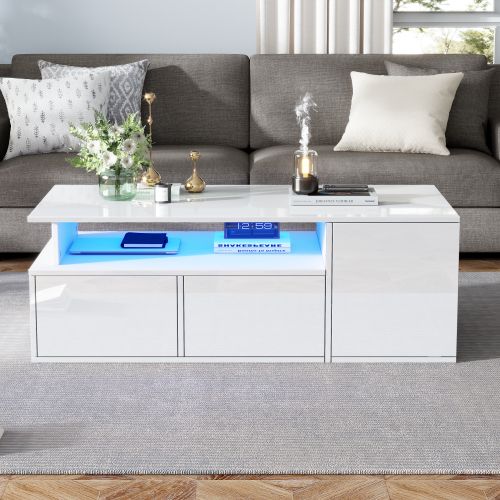 Table Basse Rectangulaire Blanche Brillante Avec LED, 2 Tiroirs, Compartiments Ouverts