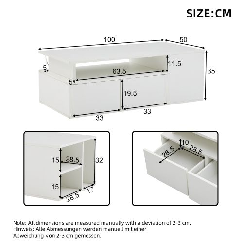 Table Basse Rectangulaire Blanche Brillante Avec LED, 2 Tiroirs, Compartiments Ouverts