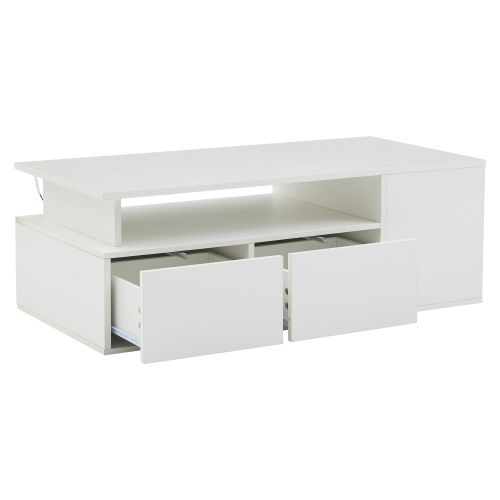 Table Basse Rectangulaire Blanche Brillante Avec LED, 2 Tiroirs, Compartiments Ouverts