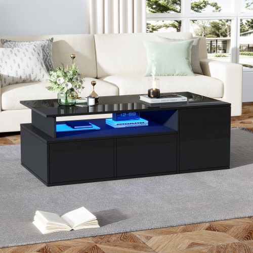 Table Basse Rectangulaire Noire Brillante Avec LED, 2 Tiroirs, Compartiments Ouverts