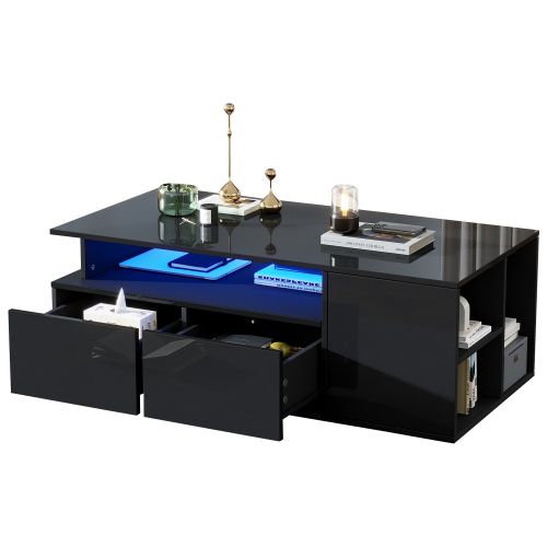 Table Basse Rectangulaire Noire Brillante Avec LED, 2 Tiroirs, Compartiments Ouverts