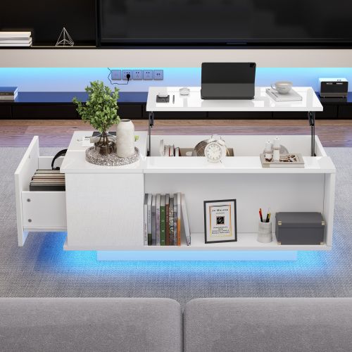 Table Basse Relevable Rectangulaire Blanche Brillante Avec LED, Rangement Caché, Tiroirs
