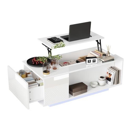 Table Basse Relevable Rectangulaire Blanche Brillante Avec LED, Rangement Caché, Tiroirs