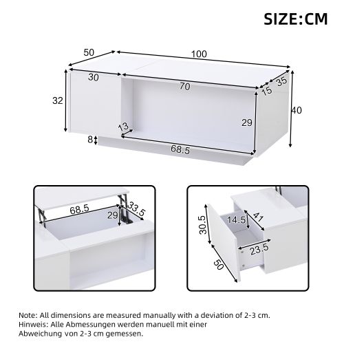 Table Basse Relevable Rectangulaire Blanche Brillante Avec LED, Rangement Caché, Tiroirs