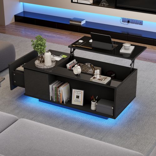 Table Basse Relevable Rectangulaire Noire Brillante, LED, Rangement Caché, Tiroirs