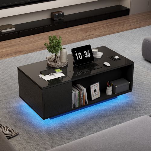 Table Basse Relevable Rectangulaire Noire Brillante, LED, Rangement Caché, Tiroirs