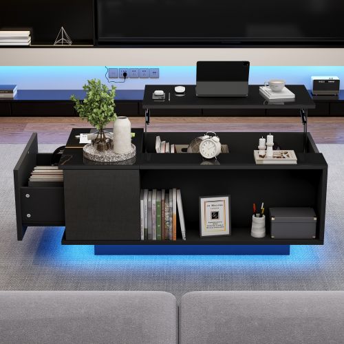 Table Basse Relevable Rectangulaire Noire Brillante, LED, Rangement Caché, Tiroirs