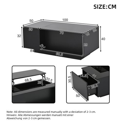 Table Basse Relevable Rectangulaire Noire Brillante, LED, Rangement Caché, Tiroirs