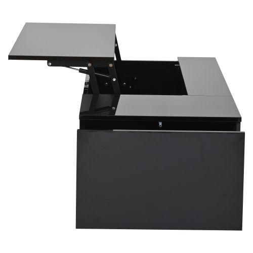 Table Basse Relevable Rectangulaire Noire Brillante, LED, Rangement Caché, Tiroirs