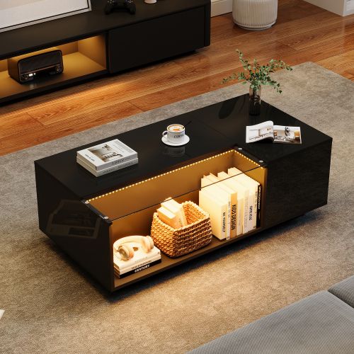 Table Basse Rectangulaire Noire Brillante Avec LED, Plateau En Verre Partiellement Trempé, 2 Tiroirs