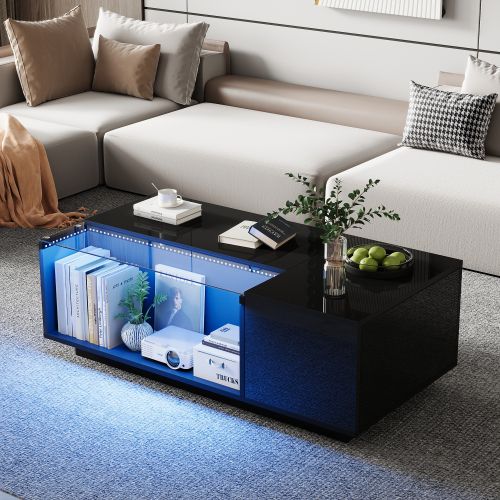 Table Basse Rectangulaire Noire Brillante Avec LED, Plateau En Verre Partiellement Trempé, 2 Tiroirs