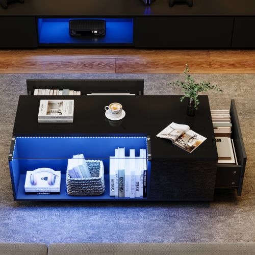 Table Basse Rectangulaire Noire Brillante Avec LED, Plateau En Verre Partiellement Trempé, 2 Tiroirs