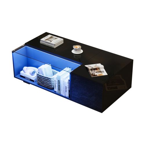 Table Basse Rectangulaire Noire Brillante Avec LED, Plateau En Verre Partiellement Trempé, 2 Tiroirs