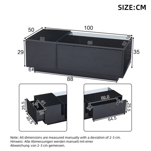 Table Basse Rectangulaire Noire Brillante Avec LED, Plateau En Verre Partiellement Trempé, 2 Tiroirs
