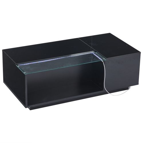 Table Basse Rectangulaire Noire Brillante Avec LED, Plateau En Verre Partiellement Trempé, 2 Tiroirs