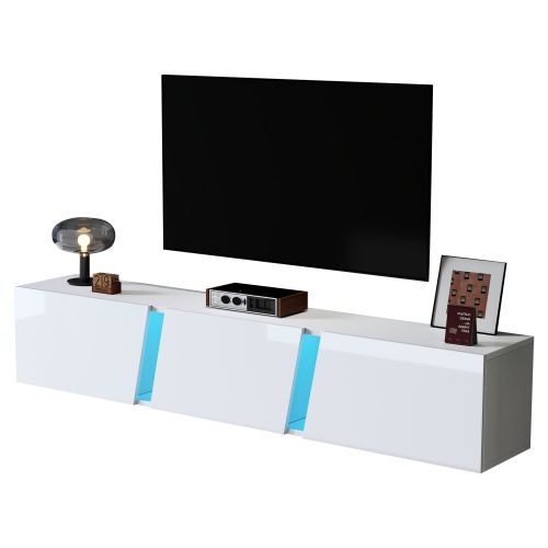 Meuble TV Mural Blanc De 180 Cm Avec Éclairage LED, 3 Portes Rabattables Brillantes