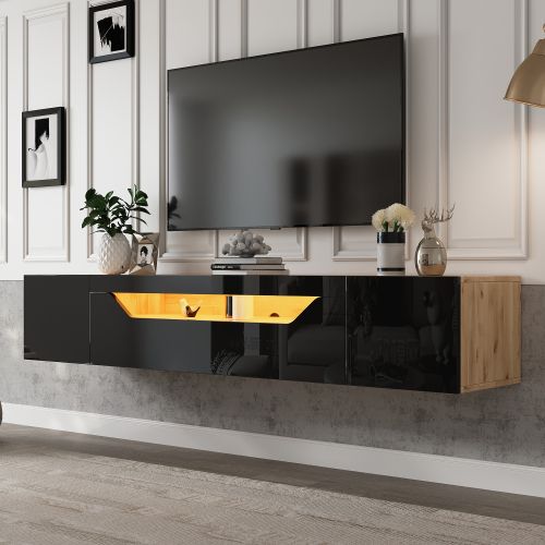 Meuble TV Mural Noir Et Bois De 180 Cm Avec 3 Portes Brillantes, Éclairage LED