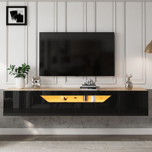 Meuble TV Mural Noir Et Bois De 180 Cm Avec 3 Portes Brillantes, Éclairage LED