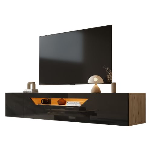 Meuble TV Mural Noir Et Bois De 180 Cm Avec 3 Portes Brillantes, Éclairage LED