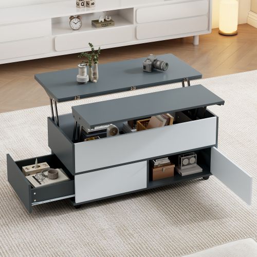 Table Basse Relevable Rectangulaire Blanc Et Gris Avec Roulettes Et Tiroir