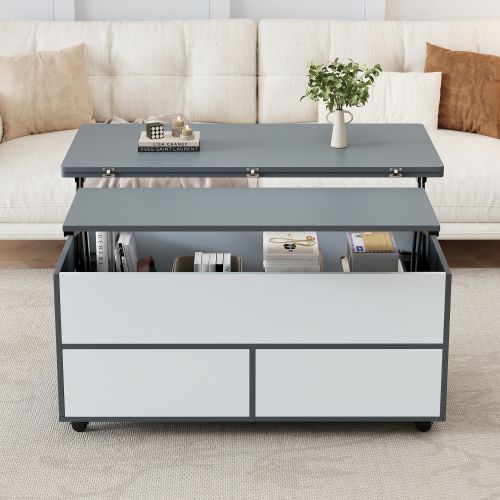 Table Basse Relevable Rectangulaire Blanc Et Gris Avec Roulettes Et Tiroir