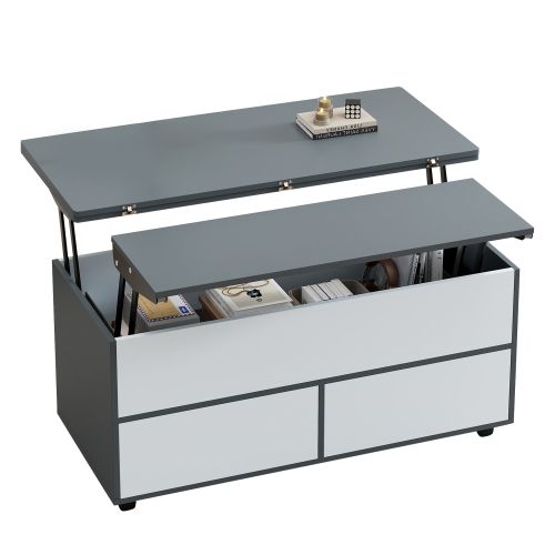 Table Basse Relevable Rectangulaire Blanc Et Gris Avec Roulettes Et Tiroir