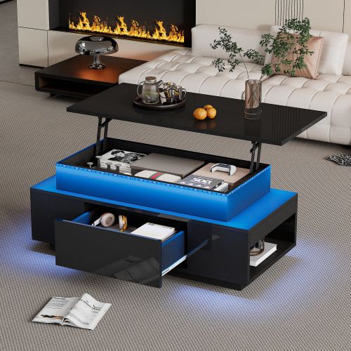 Table Basse Relevable Rectangulaire Noire Brillante Avec Tiroirs, LED, Rangement Ouvert