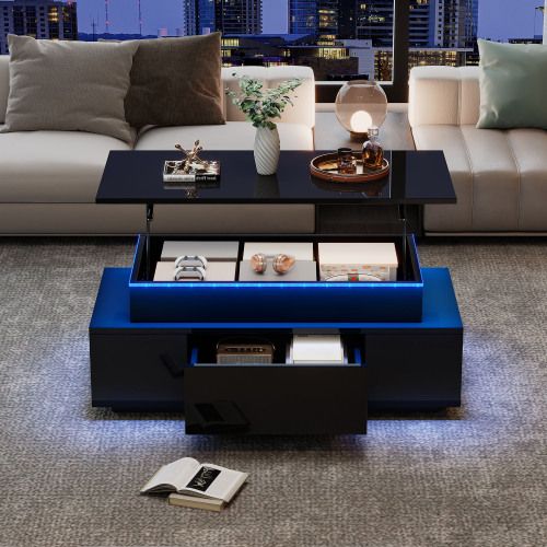 Table Basse Relevable Rectangulaire Noire Brillante Avec Tiroirs, LED, Rangement Ouvert