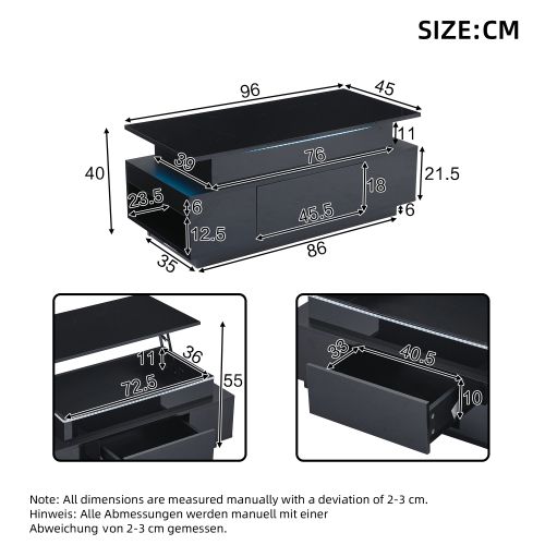 Table Basse Relevable Rectangulaire Noire Brillante Avec Tiroirs, LED, Rangement Ouvert