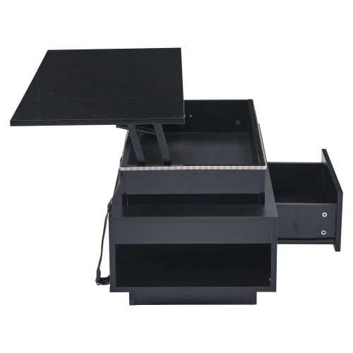 Table Basse Relevable Rectangulaire Noire Brillante Avec Tiroirs, LED, Rangement Ouvert