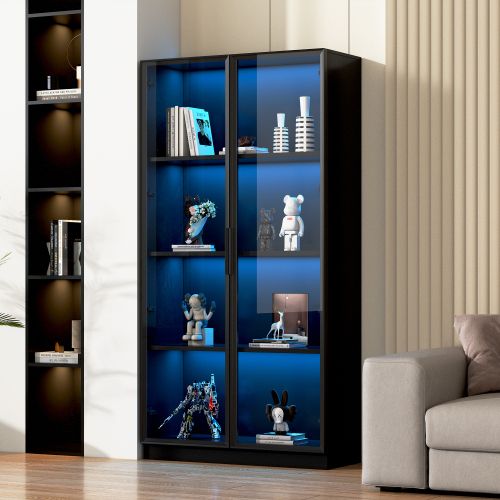 Vitrine Noire, Vitrine Haute Avec Éclairage LED, 2 Portes Vitrées, Étagères Réglables