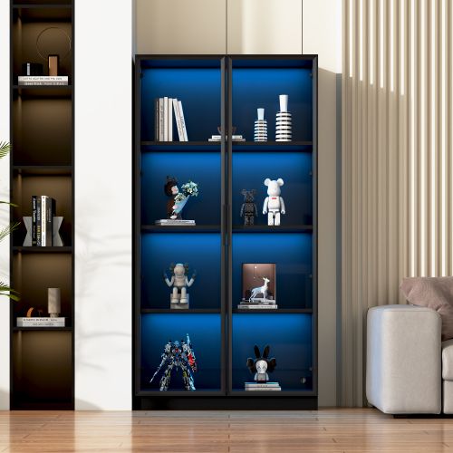 Vitrine Noire, Vitrine Haute Avec Éclairage LED, 2 Portes Vitrées, Étagères Réglables