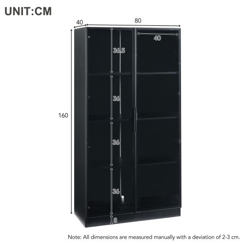Vitrine Noire, Vitrine Haute Avec Éclairage LED, 2 Portes Vitrées, Étagères Réglables