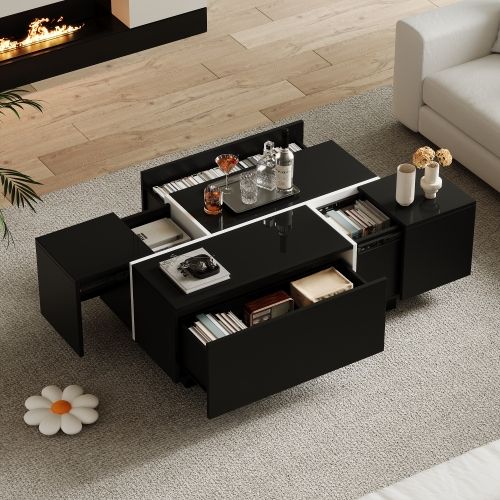 Table Basse Rectangulaire Noire Avec Plateau Rétractable, Tiroirs, Rangement Caché