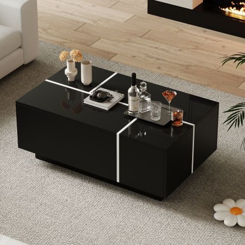 Table Basse Rectangulaire Noire Avec Plateau Rétractable, Tiroirs, Rangement Caché