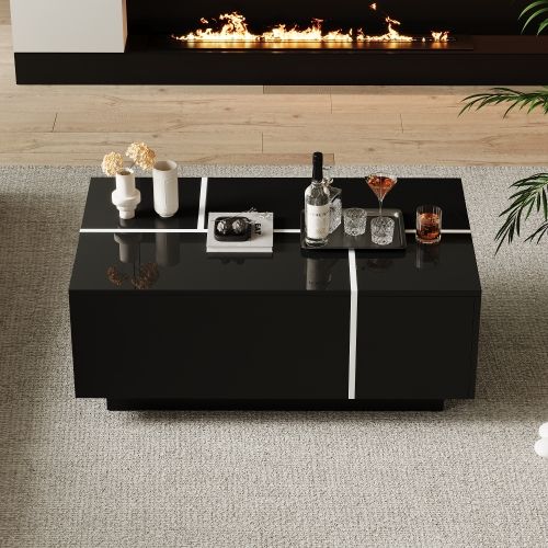 Table Basse Rectangulaire Noire Avec Plateau Rétractable, Tiroirs, Rangement Caché