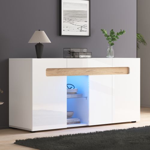Buffet De Salon Avec Éclairage LED, Étagères En Verre, 3 Portes, Blanc Et Bois