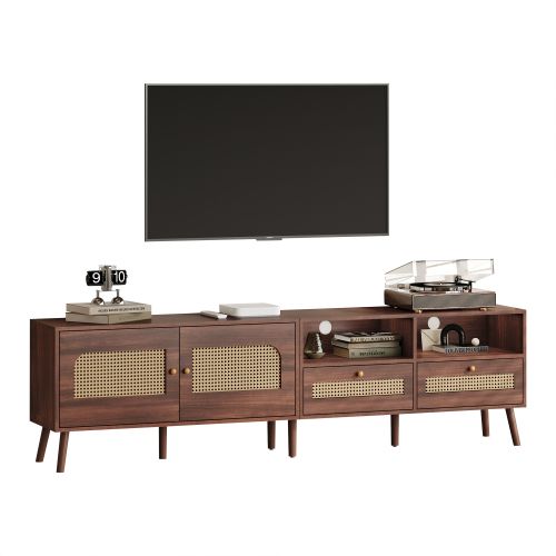Meuble TV Bas Marron De 200 Cm Avec 2 Portes En Rotin, 2 Tiroirs, 2 Compartiments Ouverts