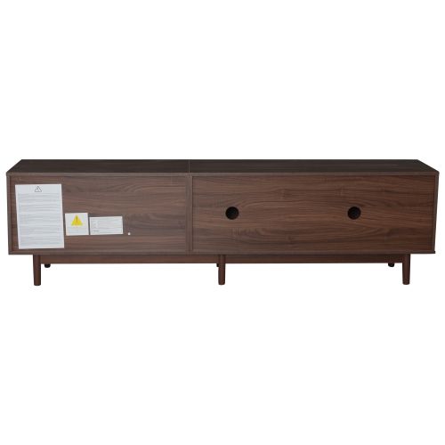 Meuble TV Bas Marron Avec 2 Tiroirs, 3 Portes En Rotin, 6 Pieds De Support, Compartiments Ouverts