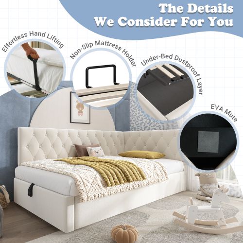 Lit Coffre Enfant 90x190 Cm Avec Rangement Hydraulique, Sommier à Lattes En Bois, Velours, Beige