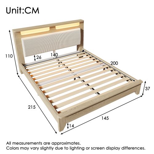 Lit Adulte 140x200 Cm, Lit En Bois, LED, En Velours Côtelé Beige