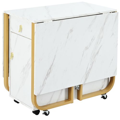 Table à Manger Pliante Avec Rangement Et 2 Tiroirs, 4 Pieds De Support, Avec Poulie, Blanc Et Doré