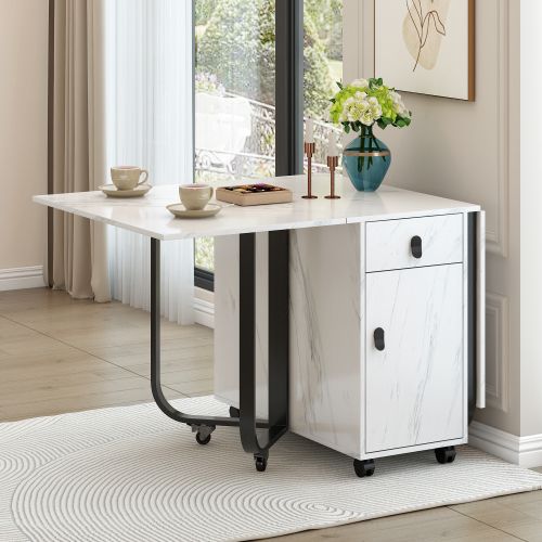 Table à Manger Pliante Avec Rangement Et 2 Tiroirs, 4 Pieds De Support, Avec Poulie, Blanc Et Noir